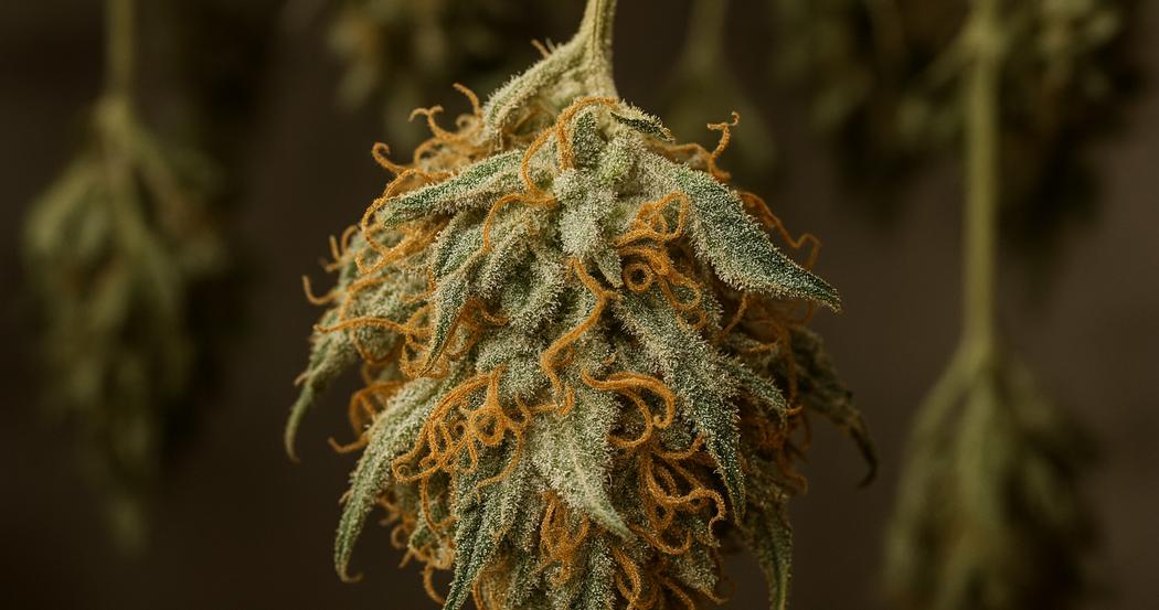 AI Generated Image: Top-down macro shot of drying cannabis flower with curling orange pistils and crystal-coated surface on matte charcoal background with cool lighting.