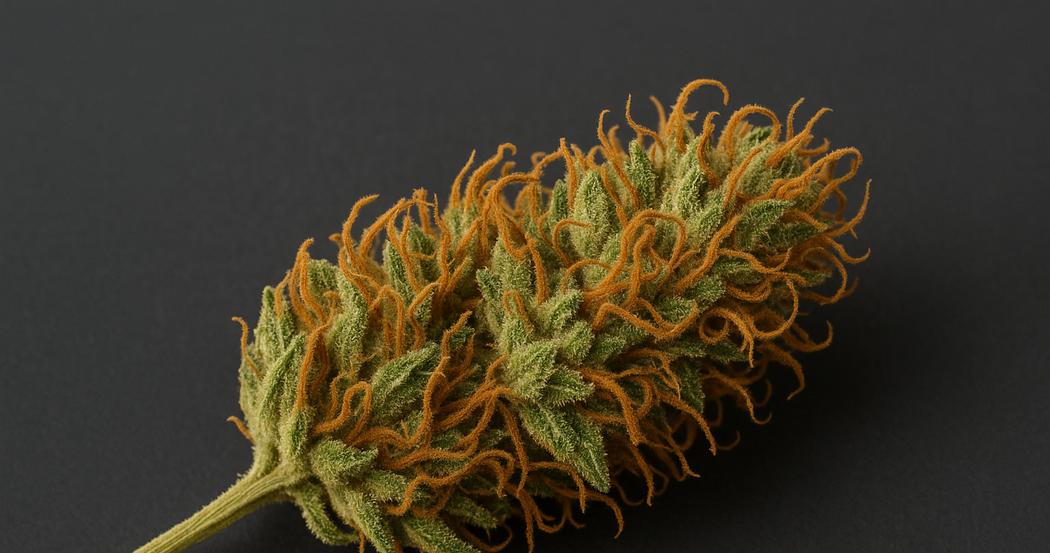AI Generated Image: Macro close-up of drying cannabis flower with crystal trichomes and curling orange pistils on a matte charcoal background