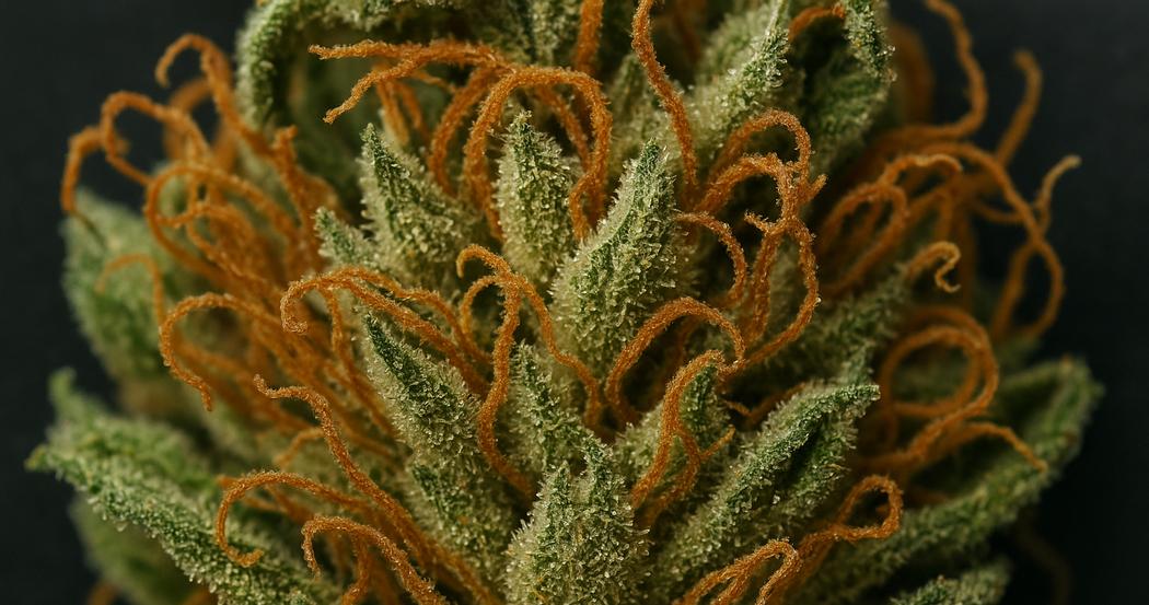 AI Generated Image: Detailed top-down macro of drying cannabis flower featuring crystal-coated surface and curling orange pistils on neutral light-gray background