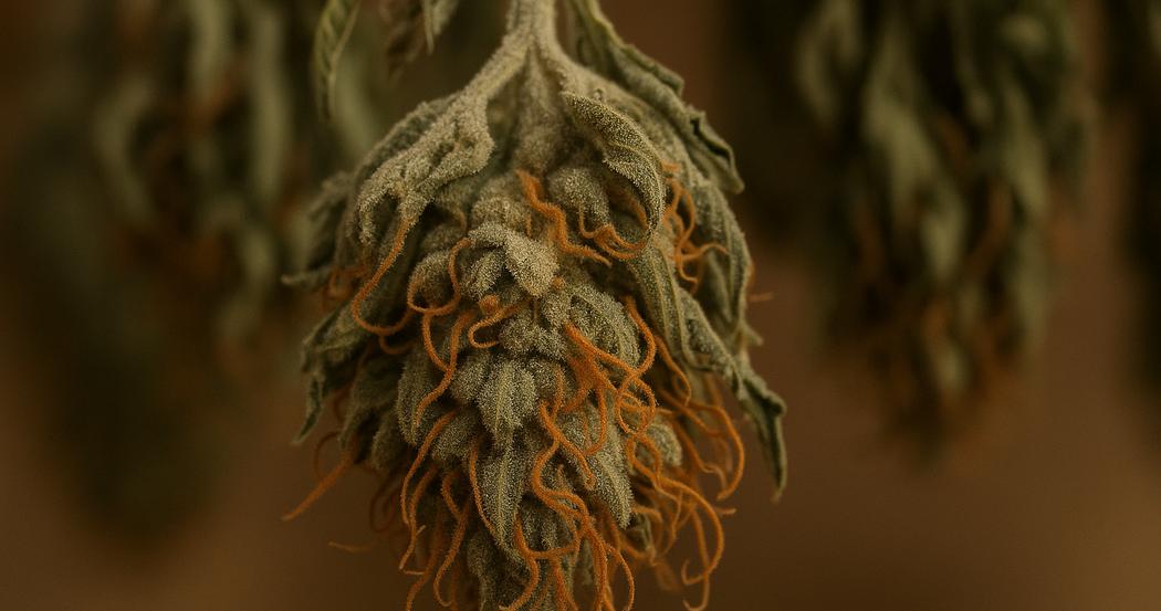 AI Generated Image: Top-down studio macro image of a drying cannabis flower with crystal-coated surface and curling orange pistils on a matte charcoal backdrop.