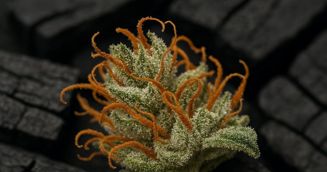 AI Generated Image: Close-up macro of a drying cannabis flower with curling orange pistils and sparkling resin trichomes on a matte charcoal background
