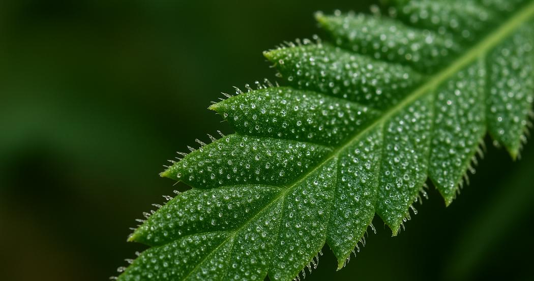AI Generated Image: Low side macro photograph of cannabis leaf detail highlighting fine serrations and trichomes against a neutral light-gray background.