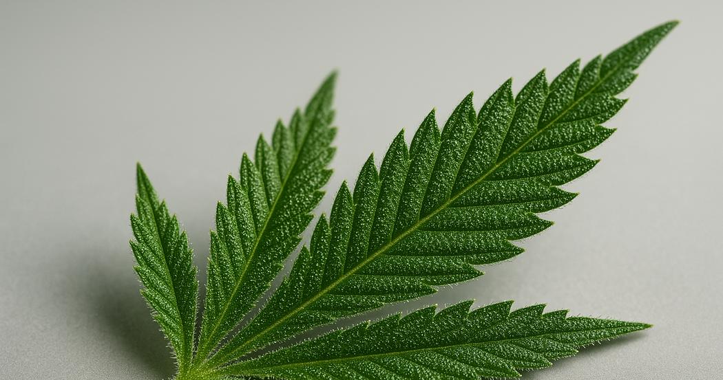 AI Generated Image: Macro low side 20 degrees view of cannabis leaf with fine serrations and visible trichomes on a light gray background