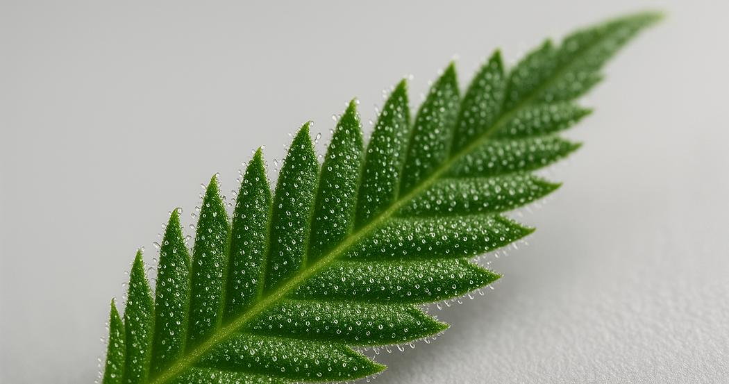 AI Generated Image: Macro low side angle shot of cannabis leaf highlighting visible trichomes and serrated edges against neutral gray background.