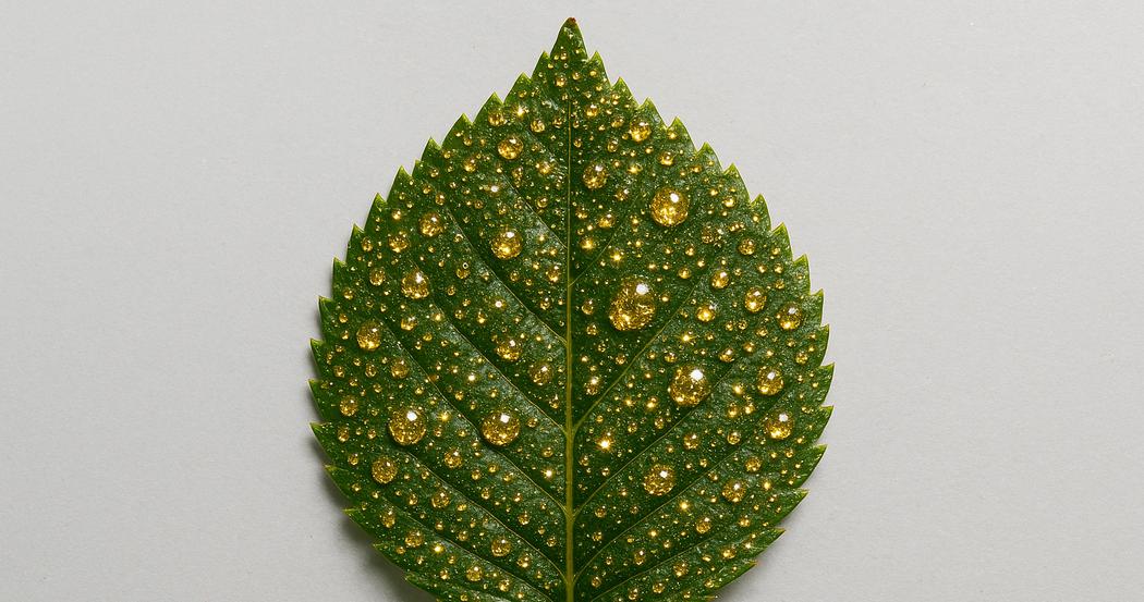 AI Generated Image: Top-down macro image of a cannabis leaf showing fine serrations and sparkling resin trichomes on a light-gray background