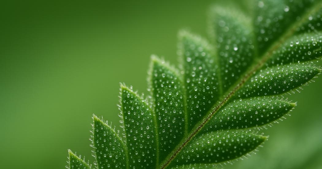 AI Generated Image: Low side 20° macro close-up of a cannabis leaf highlighting fine serrations and visible trichomes on a matte charcoal background.