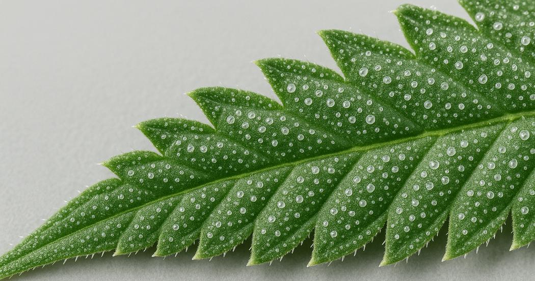AI Generated Image: Macro low side view of a cannabis leaf displaying fine serrations and milky trichomes on a neutral light-gray backdrop
