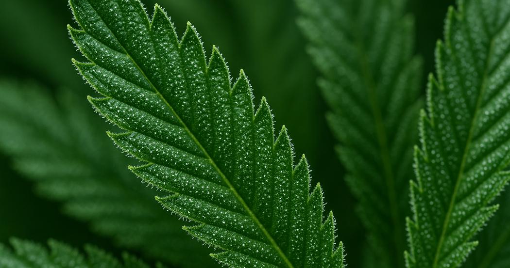 AI Generated Image: Low side angle macro shot of cannabis leaf showing fine serrations and sparkling trichomes on light gray background.