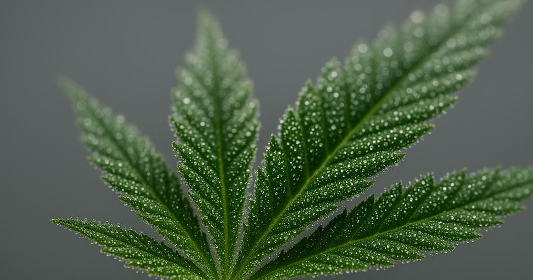 AI Generated Image: Low side angle macro shot of a cannabis leaf displaying sparkling resin trichomes and serrated edges against a neutral light-gray background with balanced lighting.