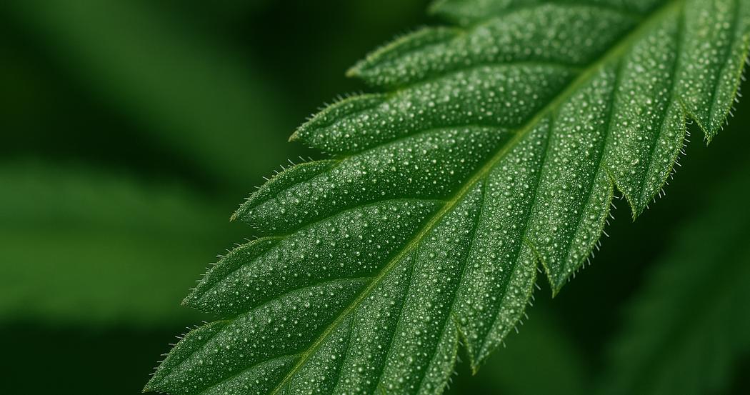 AI Generated Image: Close-up macro image of a cannabis leaf showing fine serrations and trichomes, top-down angle on light gray background