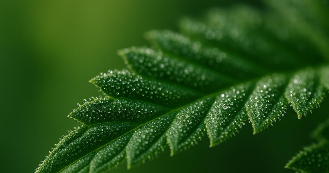 AI Generated Image: Close-up macro of a cannabis leaf showing fine serrations and milky to amber frost trichomes from a low side angle on a neutral light-gray background