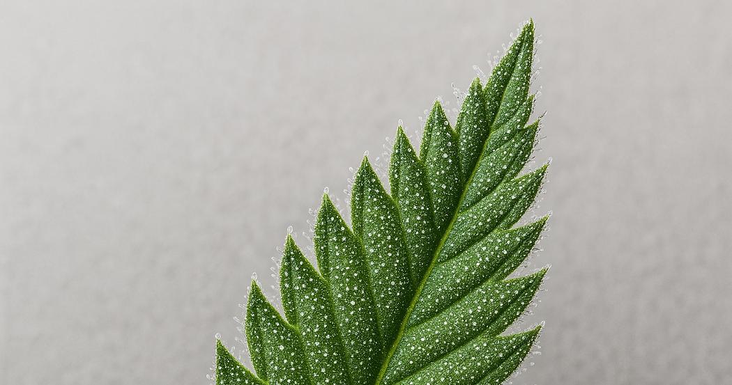 AI Generated Image: Macro side-angle shot of cannabis leaf showing fine serrations and sparkling trichomes against light gray background