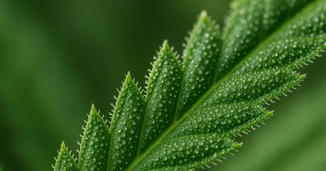 AI Generated Image: Studio macro low side 20° close-up of cannabis leaf detail with fine serrations and visible trichomes on neutral light-gray background