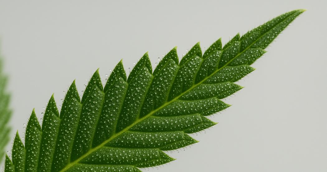 AI Generated Image: Close-up macro photograph of cannabis leaf showing fine serrations and trichomes, low side 20° angle on light gray backdrop.