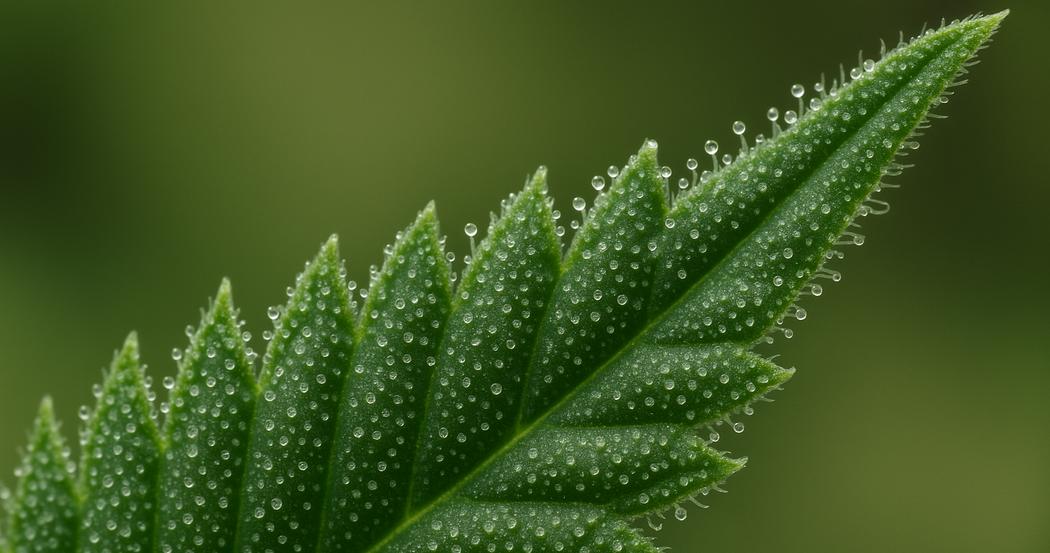 AI Generated Image: Low side angle macro image of cannabis leaf showing fine serrations and milky-amber trichomes on a neutral light-gray background under neutral lighting.