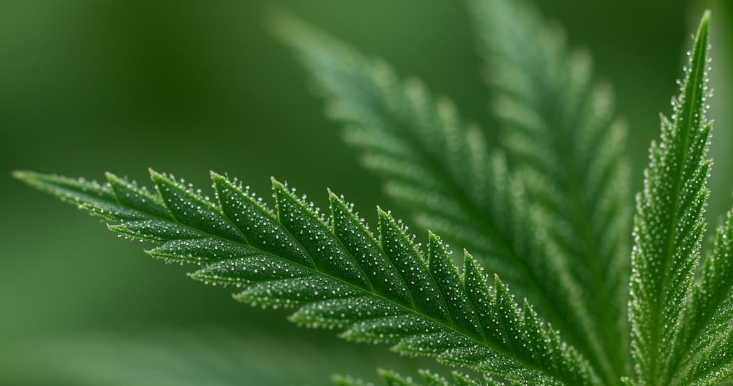 AI Generated Image: Low side angle macro of cannabis leaf highlighting fine serrations and sparkling trichomes on a light gray background.