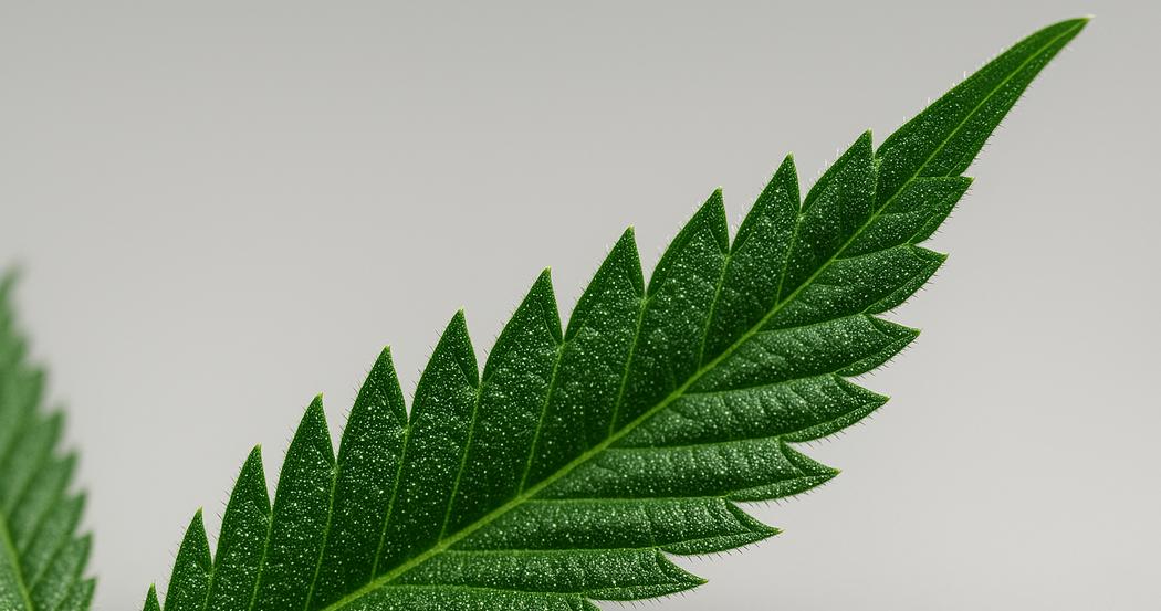 AI Generated Image: Macro low side angle shot of cannabis leaf detail with fine serrations and milky trichomes on a neutral light-gray background with soft studio lighting.