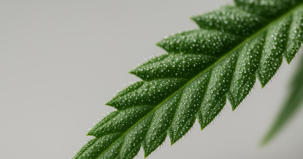 AI Generated Image: Macro low side angle shot of cannabis leaf highlighting fine serrations and visible trichomes on a light gray background
