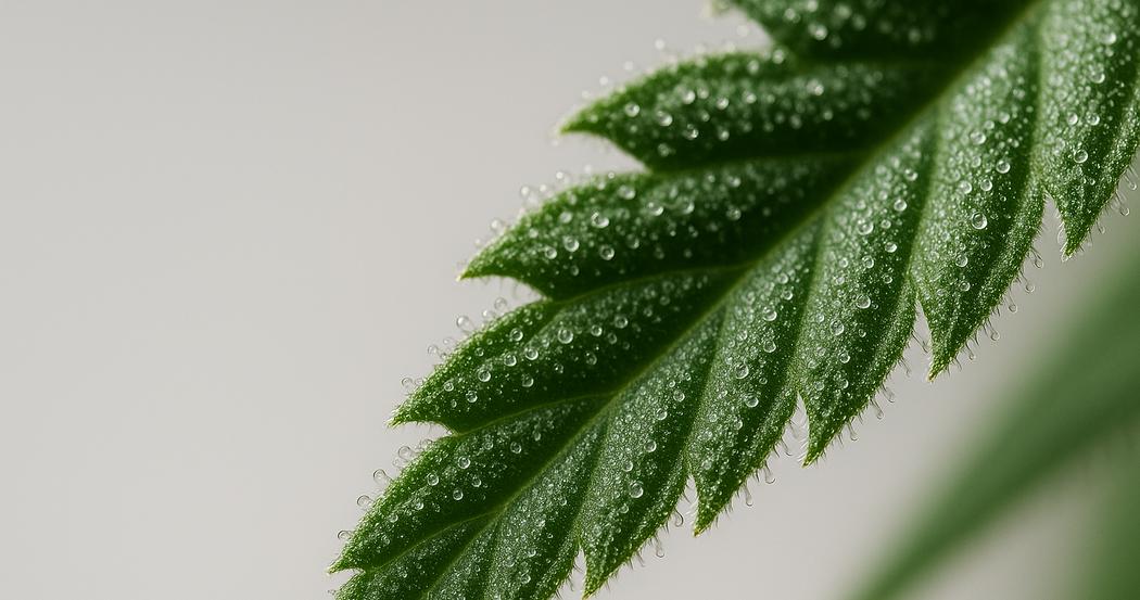 AI Generated Image: Macro low side angle view of cannabis leaf with fine serrations and translucent trichomes on light-gray background under soft light
