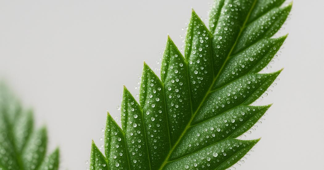 AI Generated Image: Close-up macro image of cannabis leaf showing fine serrations and milky trichomes on light-gray background with soft studio lighting