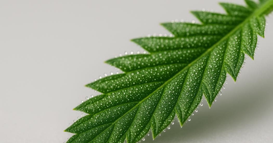 AI Generated Image: Low side 20-degree macro close-up of a cannabis leaf with fine serrations and sparkling resin trichomes on a neutral light-gray backdrop under soft studio lighting.