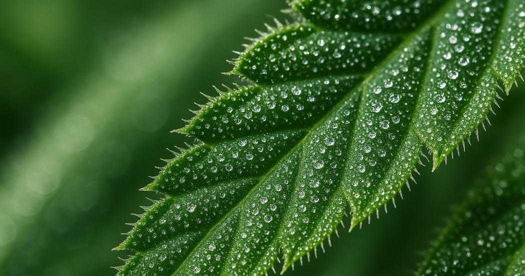 AI Generated Image: Low side macro shot of cannabis leaf highlighting sparkling resin trichomes and finely serrated edges on matte charcoal background