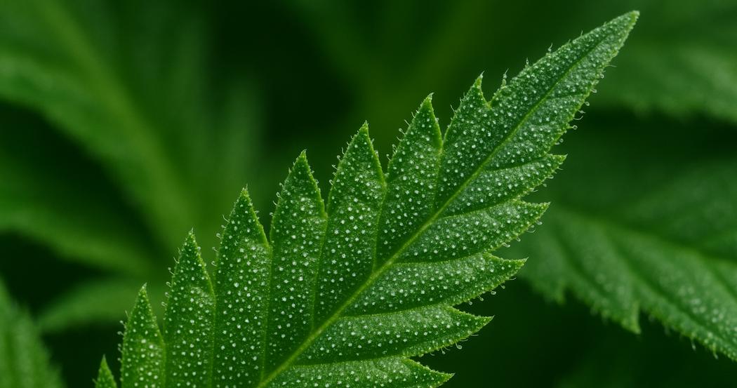 AI Generated Image: Low side angle studio macro photograph of a cannabis leaf detail with fine serrations and visible trichomes on a neutral light-gray backdrop.