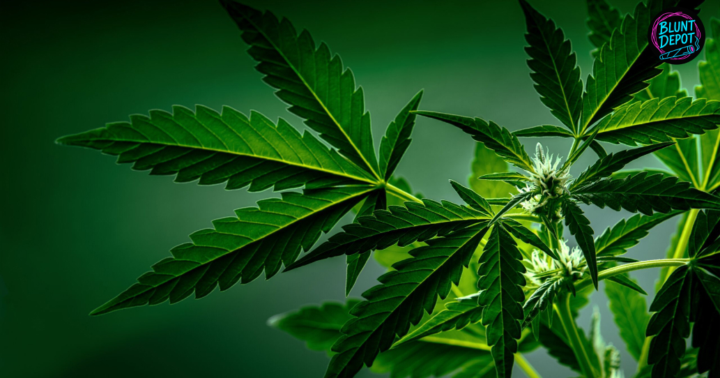 Close-up of green cannabis leaves and white pistils of a flowering bud.