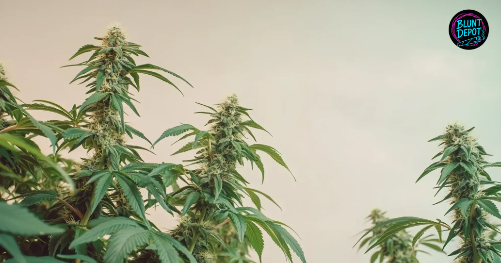 Several flowering cannabis plants against a soft, bright background.