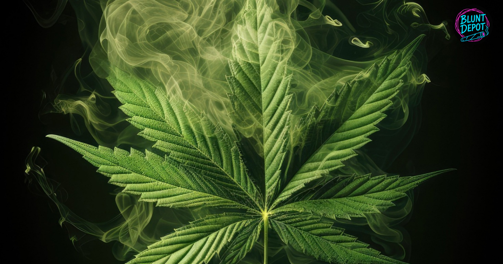 A single cannabis leaf surrounded by artistic green smoke.