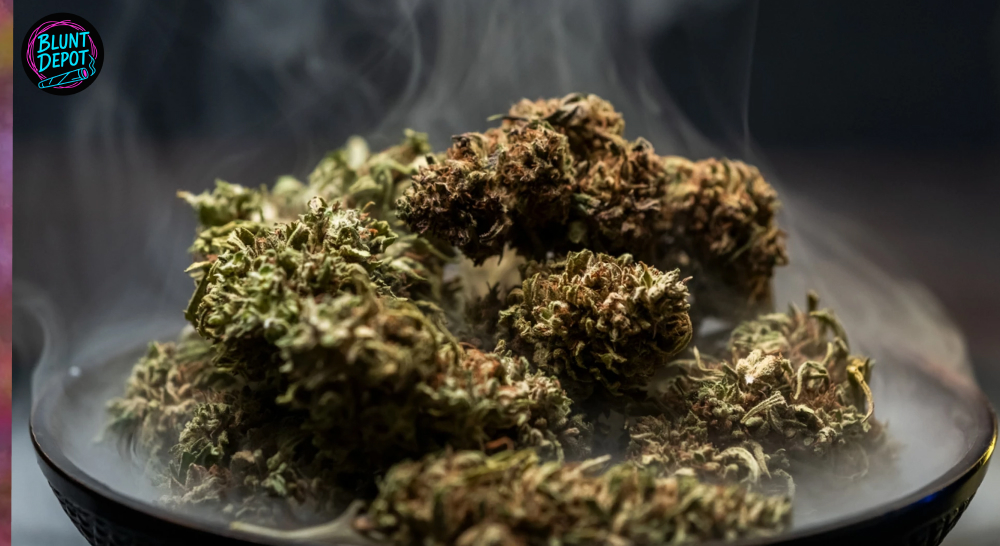 A heap of cured cannabis buds sitting in a bowl with smoke rising.