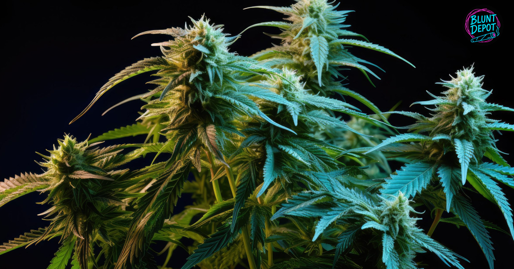A cluster of mature, crystal-covered cannabis colas against a black background.