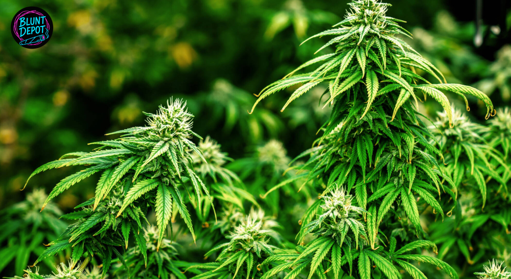 A young cannabis plant growing under a bright, circular LED grow light.