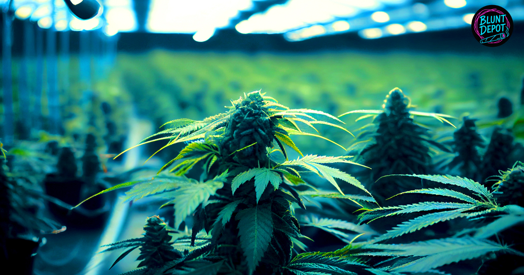 A group of vibrant green, serrated cannabis fan leaves.