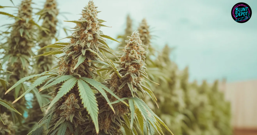 Large, mature cannabis colas growing in an outdoor plantation.