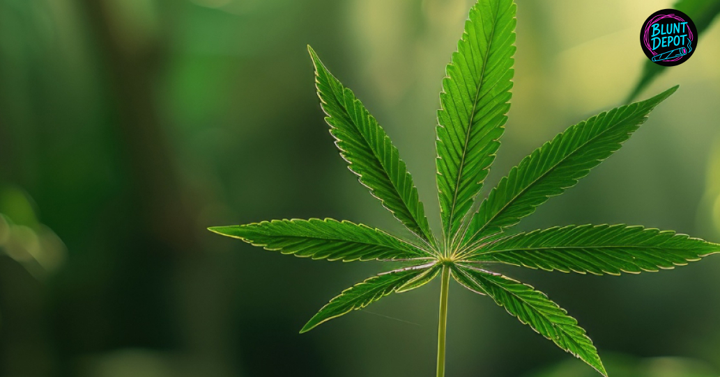 A single green cannabis fan leaf centered in the frame with soft natural background bokeh.
