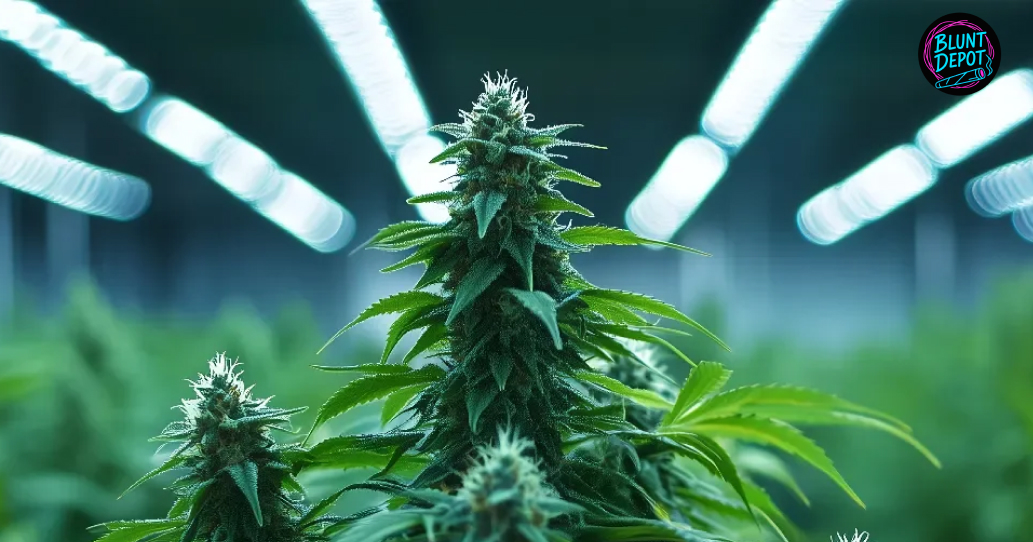 Close-up of a flowering cannabis plant under bright LED grow lights.