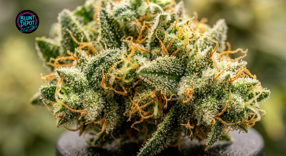 Close-up of trichomes on Wedding Crasher weed strain buds