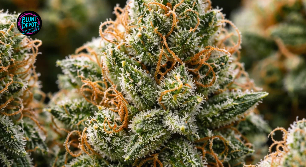 Close-up of trichomes on Snowcap weed strain buds