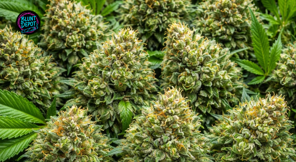 Mimosa weed strain buds in glass jar packaging.