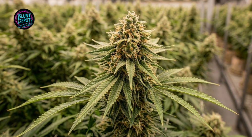 Rainbow Sherbet weed strain buds in glass jar packaging.