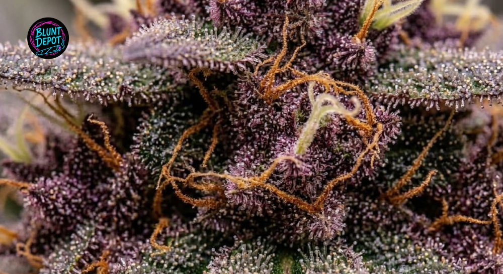 Close-up of Pineapple Express weed strain trichomes covering sticky cannabis flower buds.