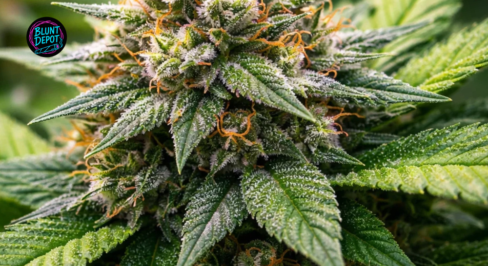 Macro photography of a Cereal Milk weed strain bud featuring heavy resin-rich buds and bright orange hairs.