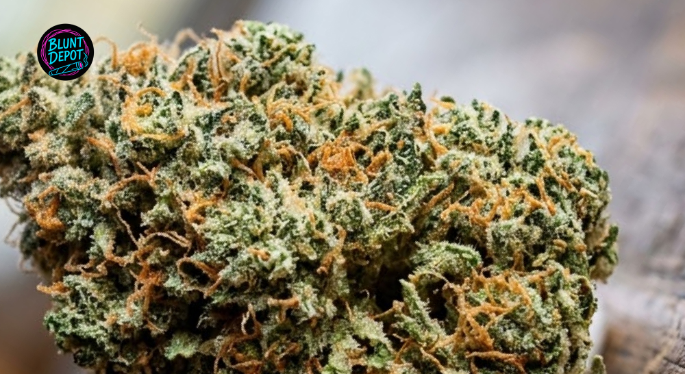 Dense and resinous 99-MAC weed strain bud with golden hairs and shimmering crystals.
