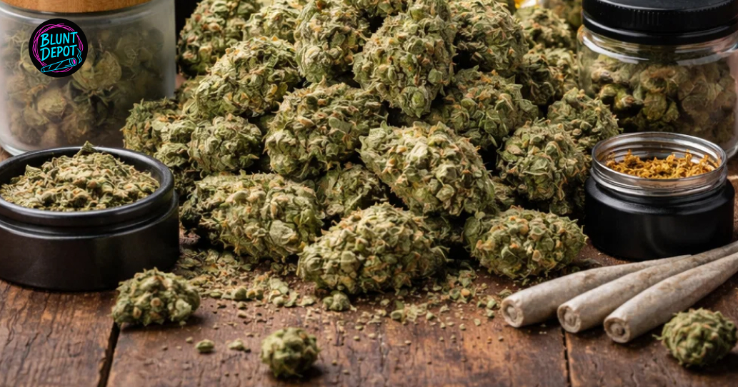 Glass jar filled with Stardawg weed strain premium buds