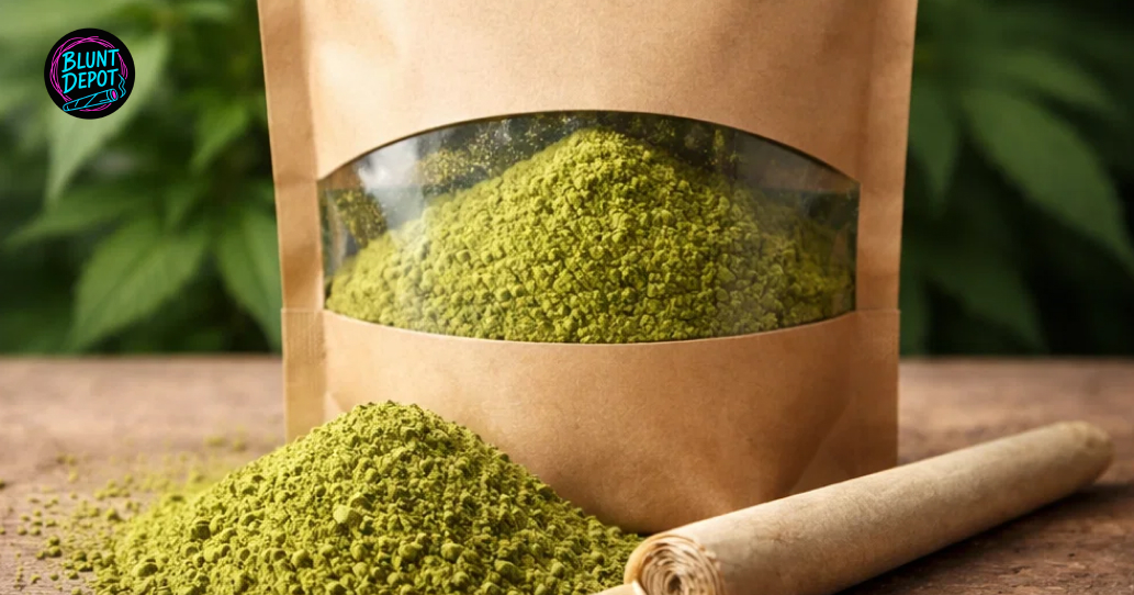 Macro shot of Mimosa weed strain buds covered in trichomes.