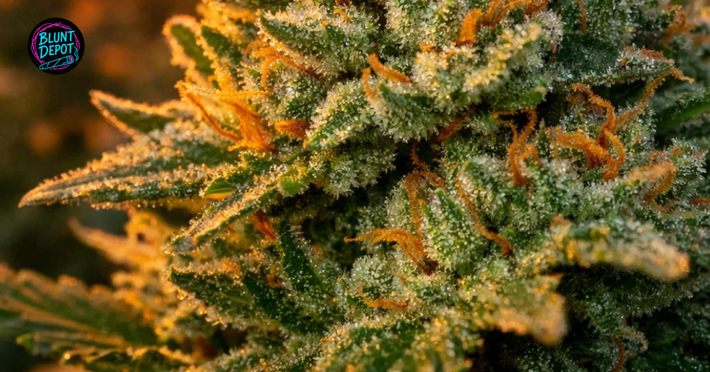 Macro shot of Rainbow Sherbet weed strain buds covered in trichomes.