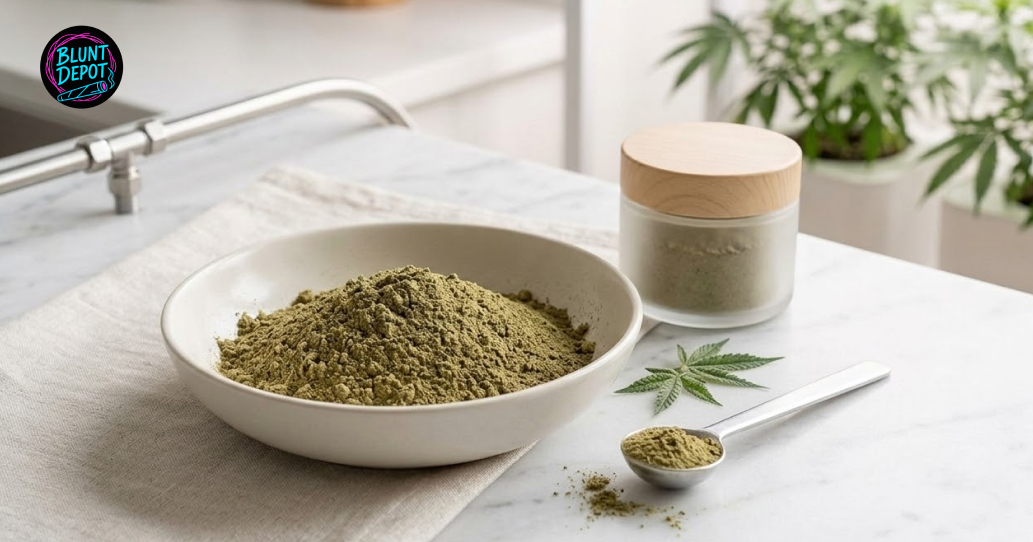 Macro shot of Ghost Train Haze weed strain trichomes on cannabis bud.