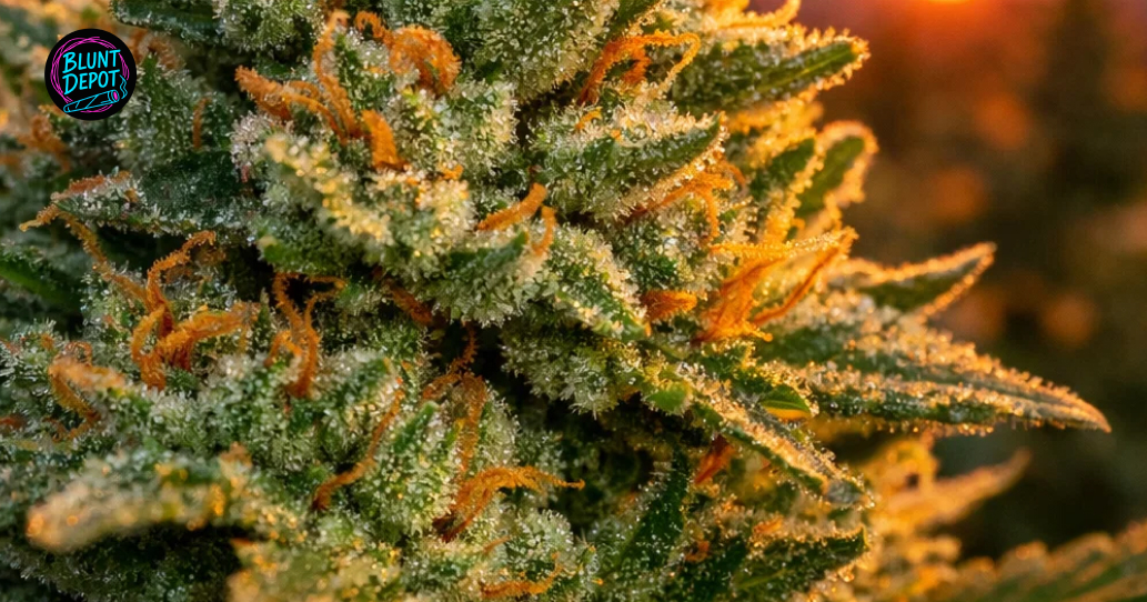 Macro shot of Bubble Gum weed strain trichomes on cannabis flower.