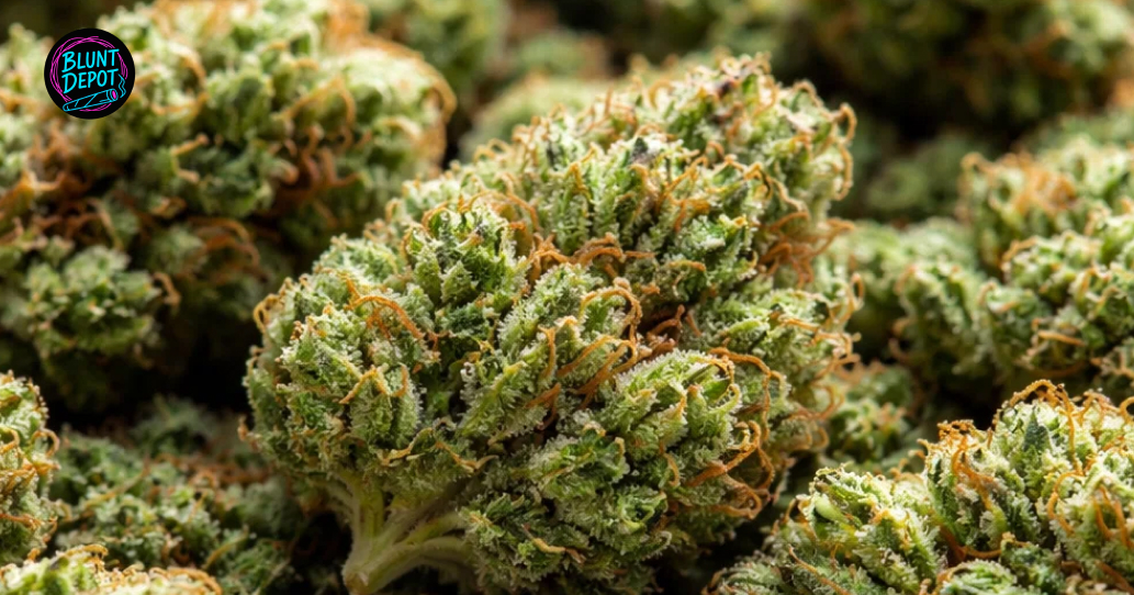 Weed delivery in Sherman macro image of trichome-covered cannabis buds.